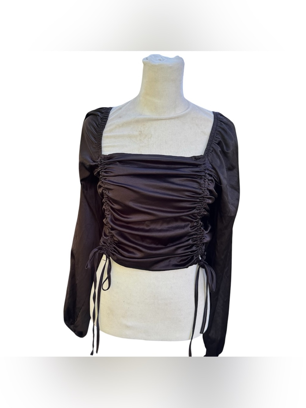 Passport Shiny Black Goth Alternative Cottage Peasant Long Sleeve Blouse Top